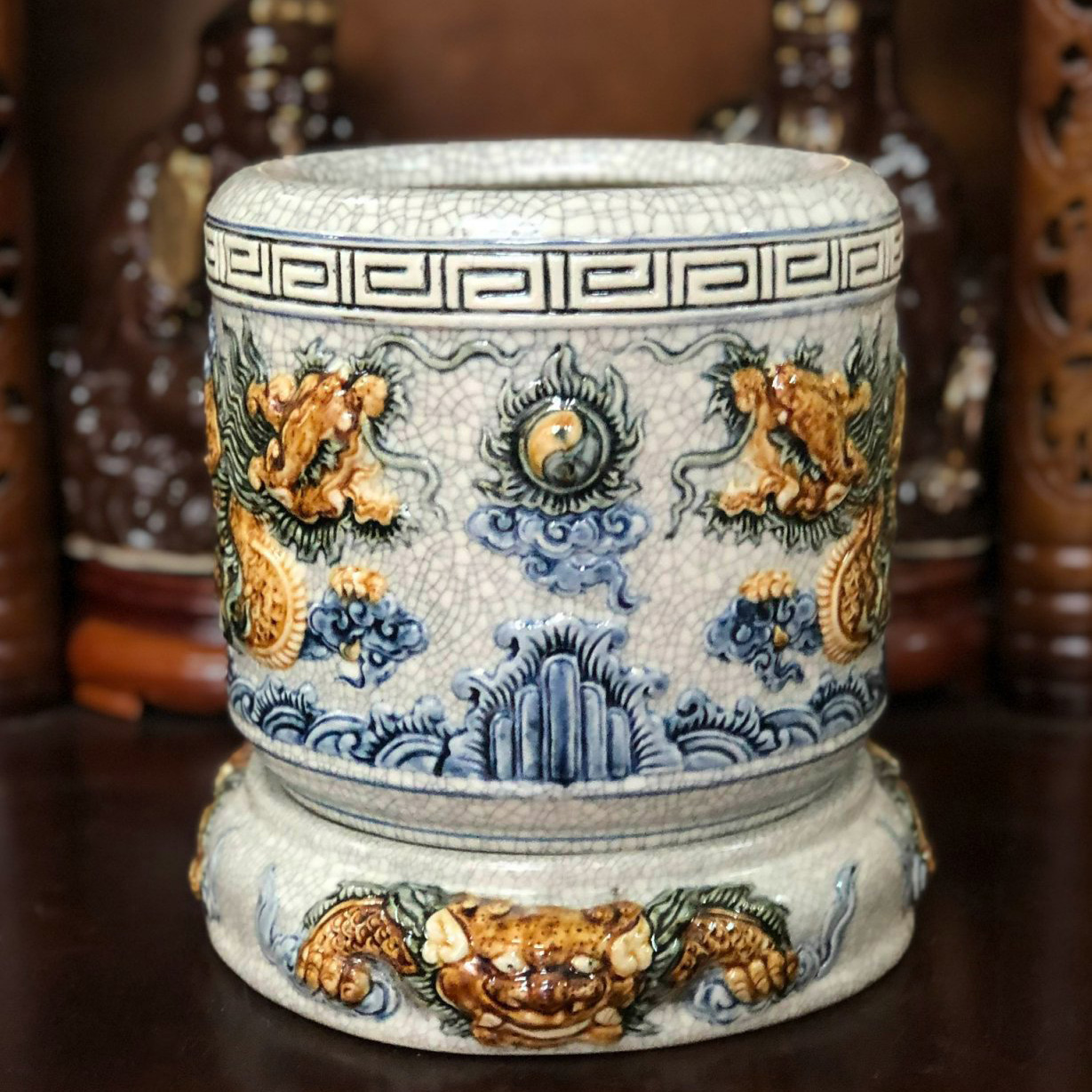 Bát hương kèm chân kê men rạn gạo nếp đắp nổi Gốm sứ Bát Tràng