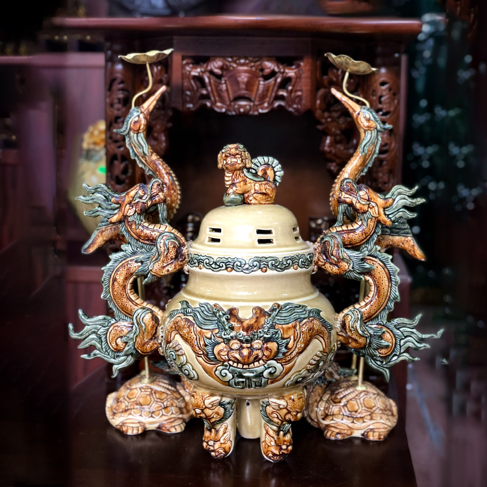 Bộ đỉnh hạc men rạn bóng vàng hoàng lưu ly đắp nổi - Gốm sứ Bát Tràng