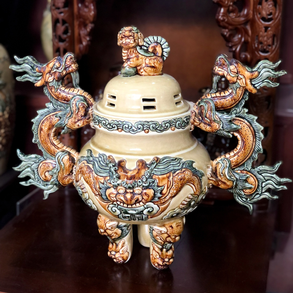 Bộ đỉnh men rạn bóng vàng hoàng lưu ly đắp nổi - Gốm sứ Bát Tràng