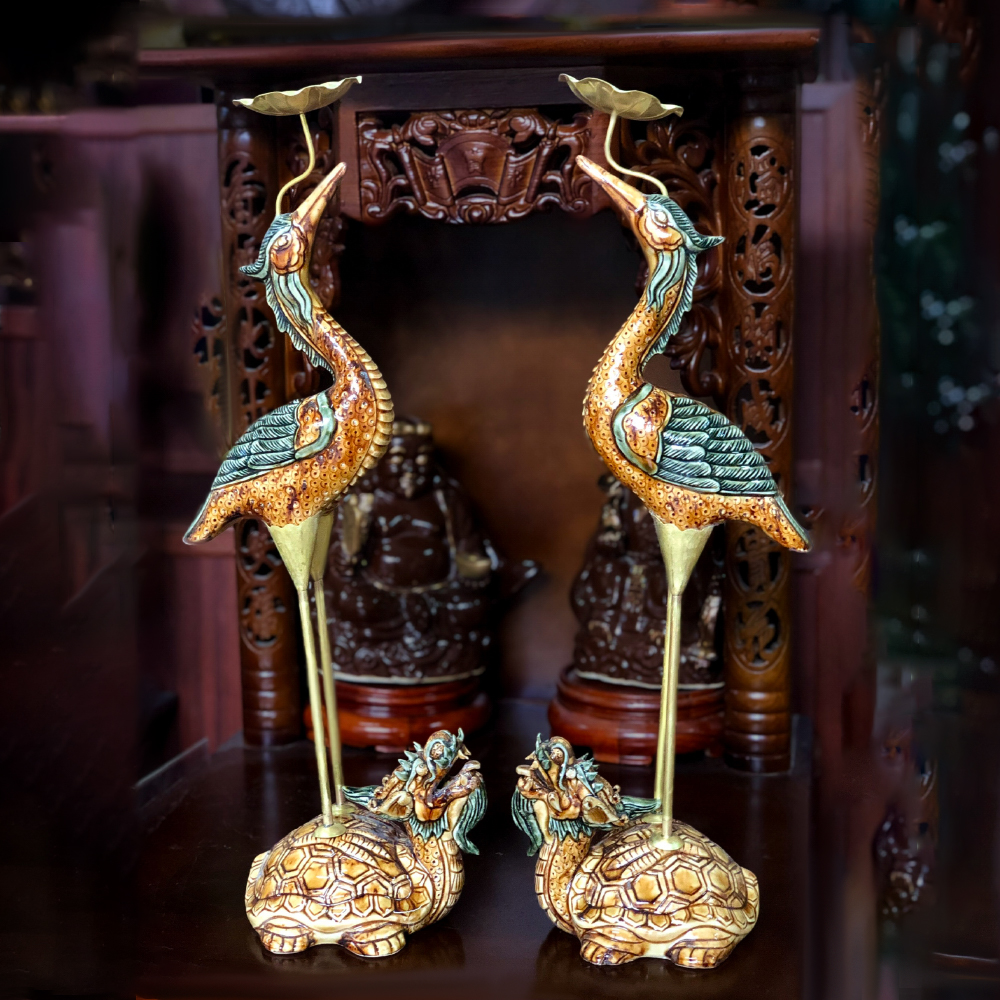 Bộ hạc men rạn bóng vàng hoàng lưu ly đắp nổi - Gốm sứ Bát Tràng