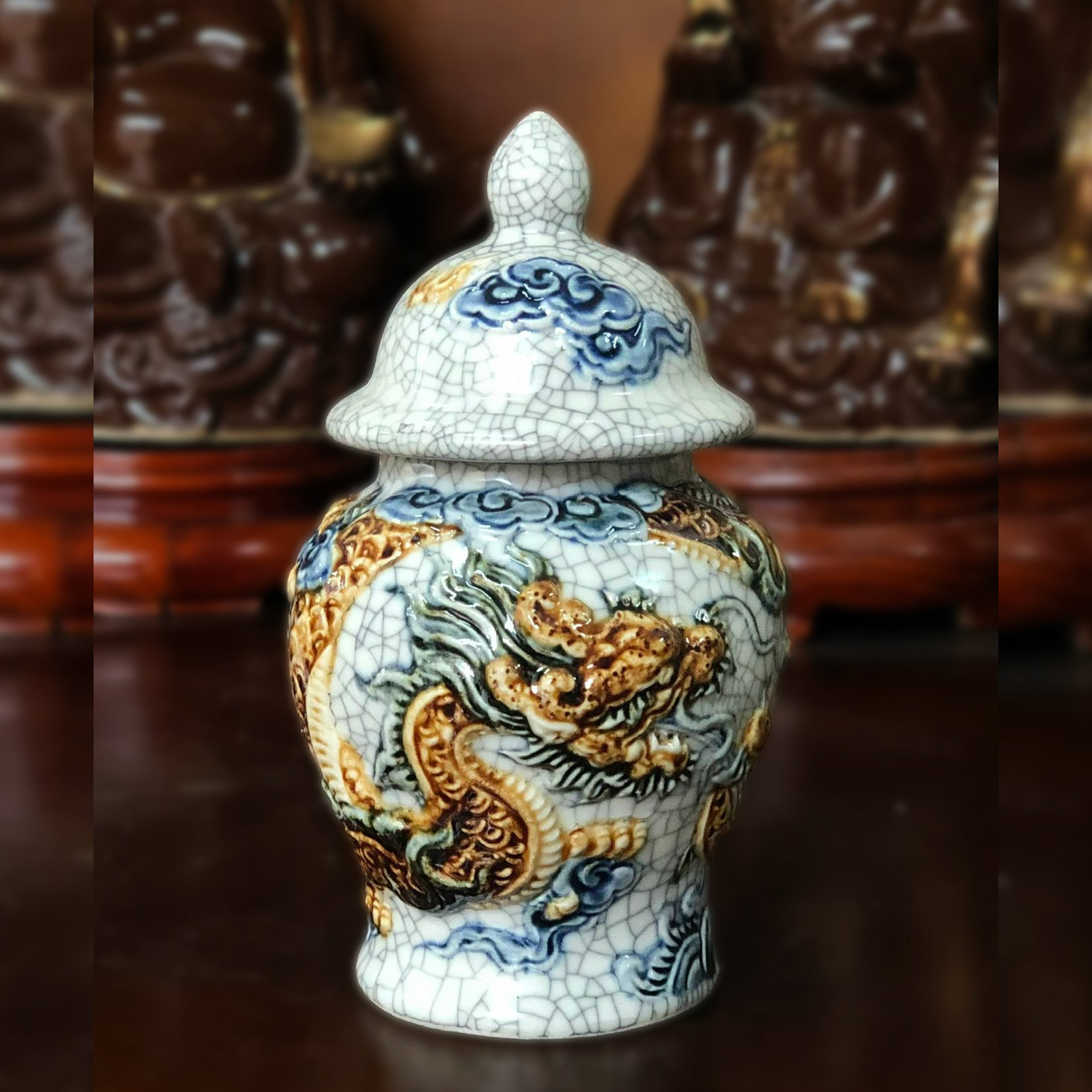 Chóe thờ cúng men rạn gạo nếp đắp nổi gốm tâm linh Phạm Dũng Bát Tràng