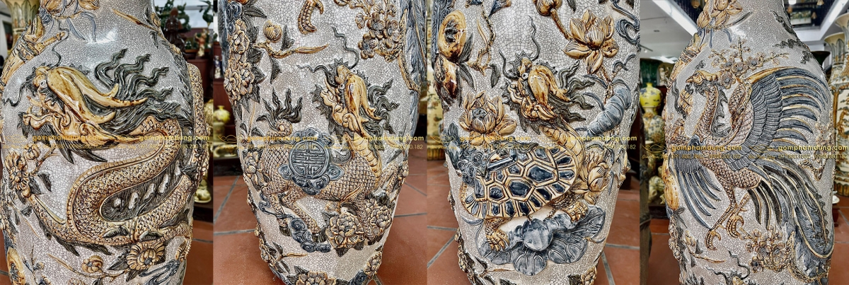 Lộc Bình men rạn Tứ Linh Long Lân Quy Phụng đắp nổi Bát Tràng