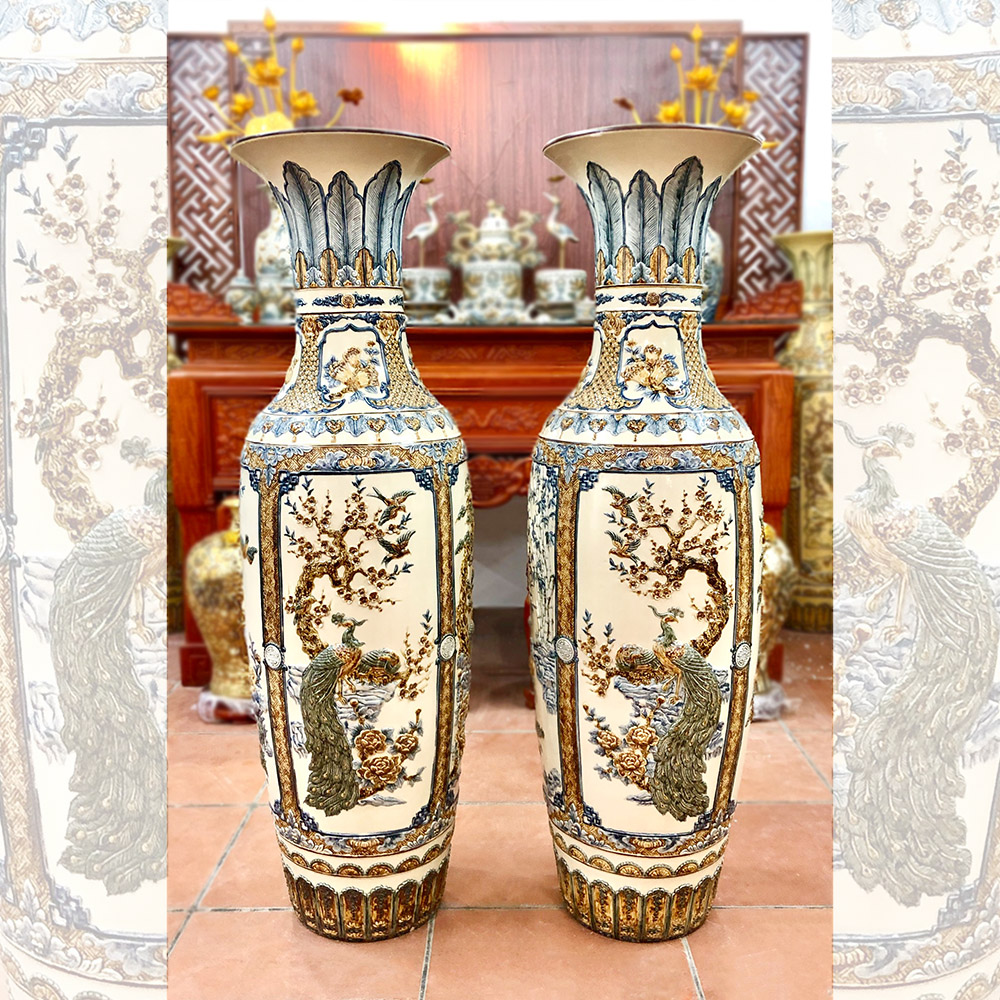 Lộc bình sứ Bát Tràng đắp nổi men trắng tràm cao 1m6 - Gốm Phạm Dũng_1