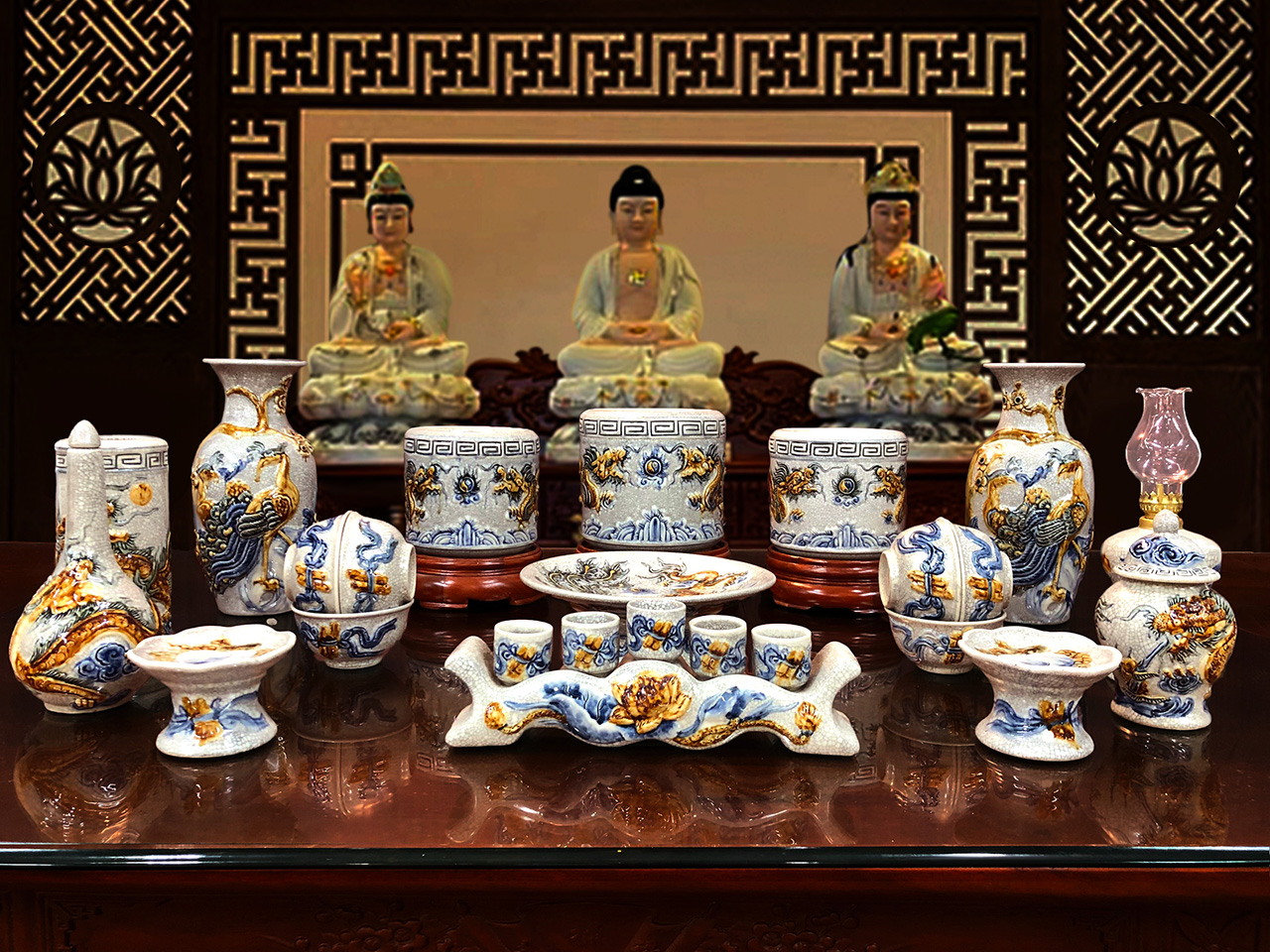 Bộ đồ thờ men rạn Bát Tràng - Gốm tâm linh phong thủy Phạm Dũng