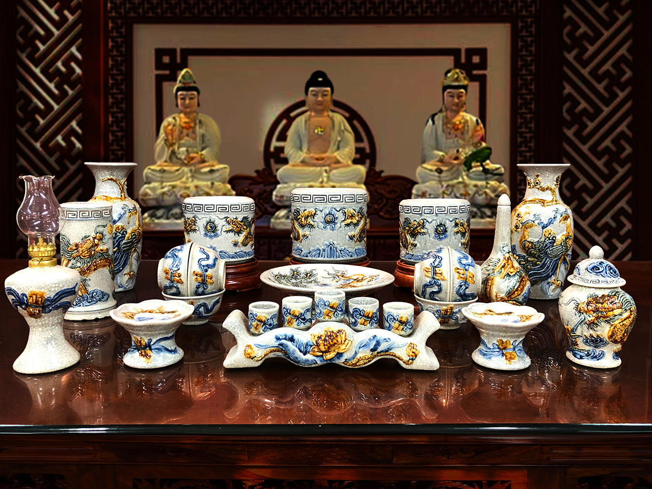 Bộ đồ thờ men gio rạn gạo nếp Gốm Phạm Dũng Bát Tràng