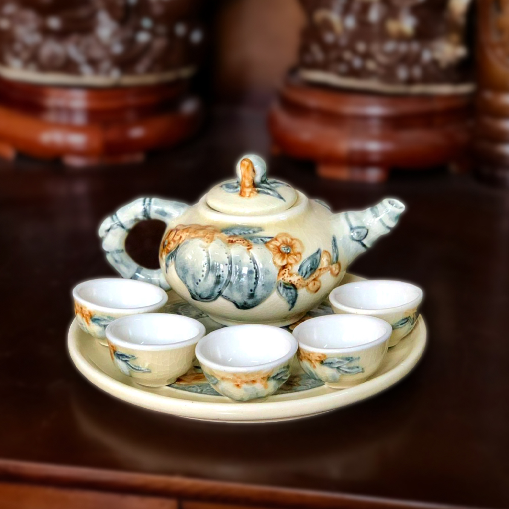 Bộ ấm chén đồ thờ men sứ trắng tràm hanh vàng