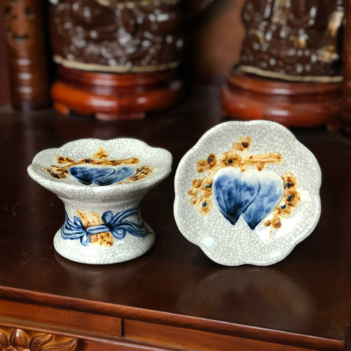 Đồ thờ cúng chân nến men rạn gạo nếp - gốm Phạm Dũng Bát Tràng