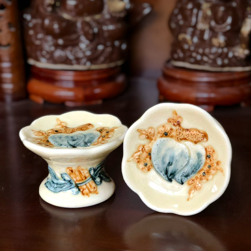 Chân đựng nến đồ thờ men sứ trắng tràm hanh vàng