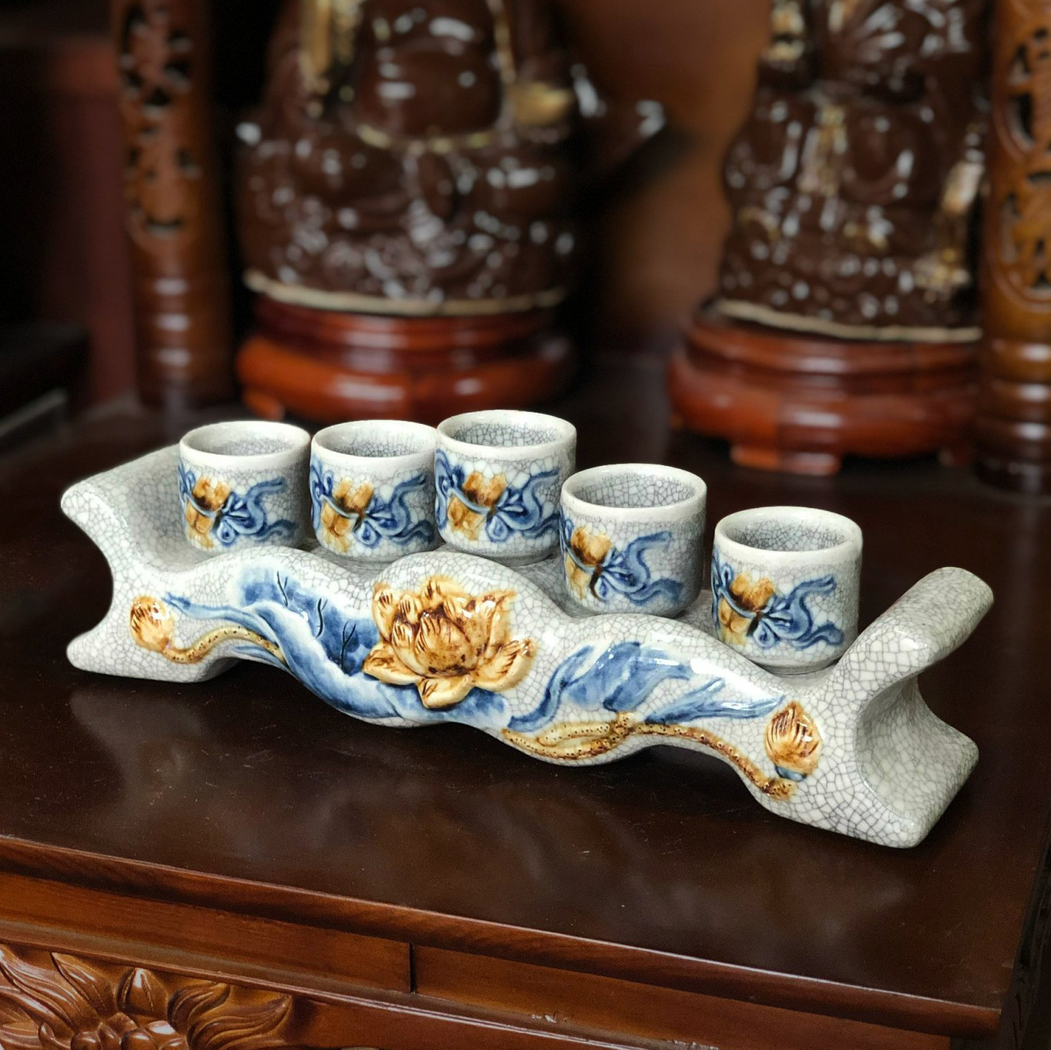 Kỷ 5 ngai men sứ Rạn Gạo Nếp đắp nổi - Gốm Phạm Dũng